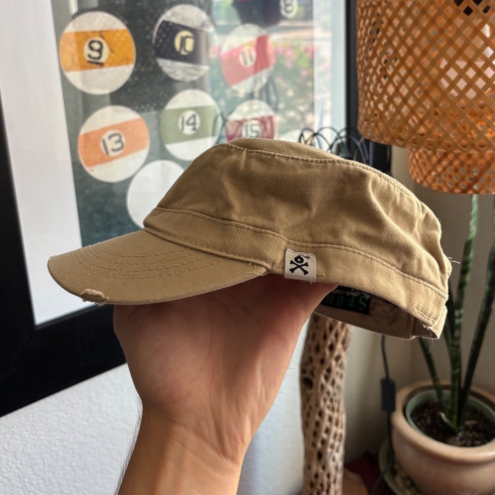 Y2K Beige Tan Cadet Cap Distressed